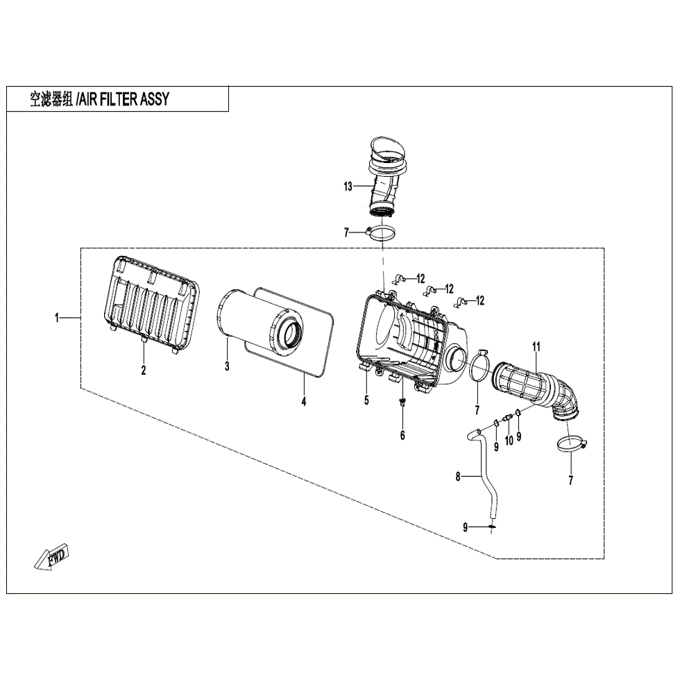 An Image of a Genuine CFMOTO Parts Schematic Diagram showing the schematic - AIR FILTER ASSY. - 2023 CFMOTO ZFORCE 800 Trail