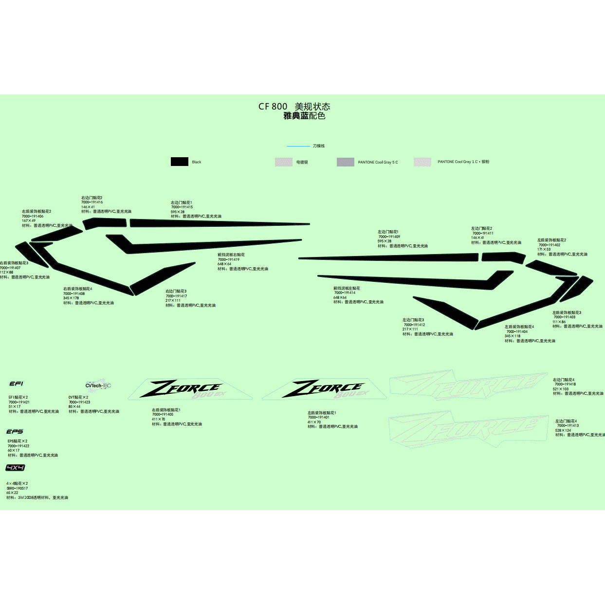An Image of a Genuine CFMOTO Parts Schematic Diagram showing the schematic - DECAL KITS (ATHENS BLUE) - 2021 CFMOTO ZFORCE 800 EX