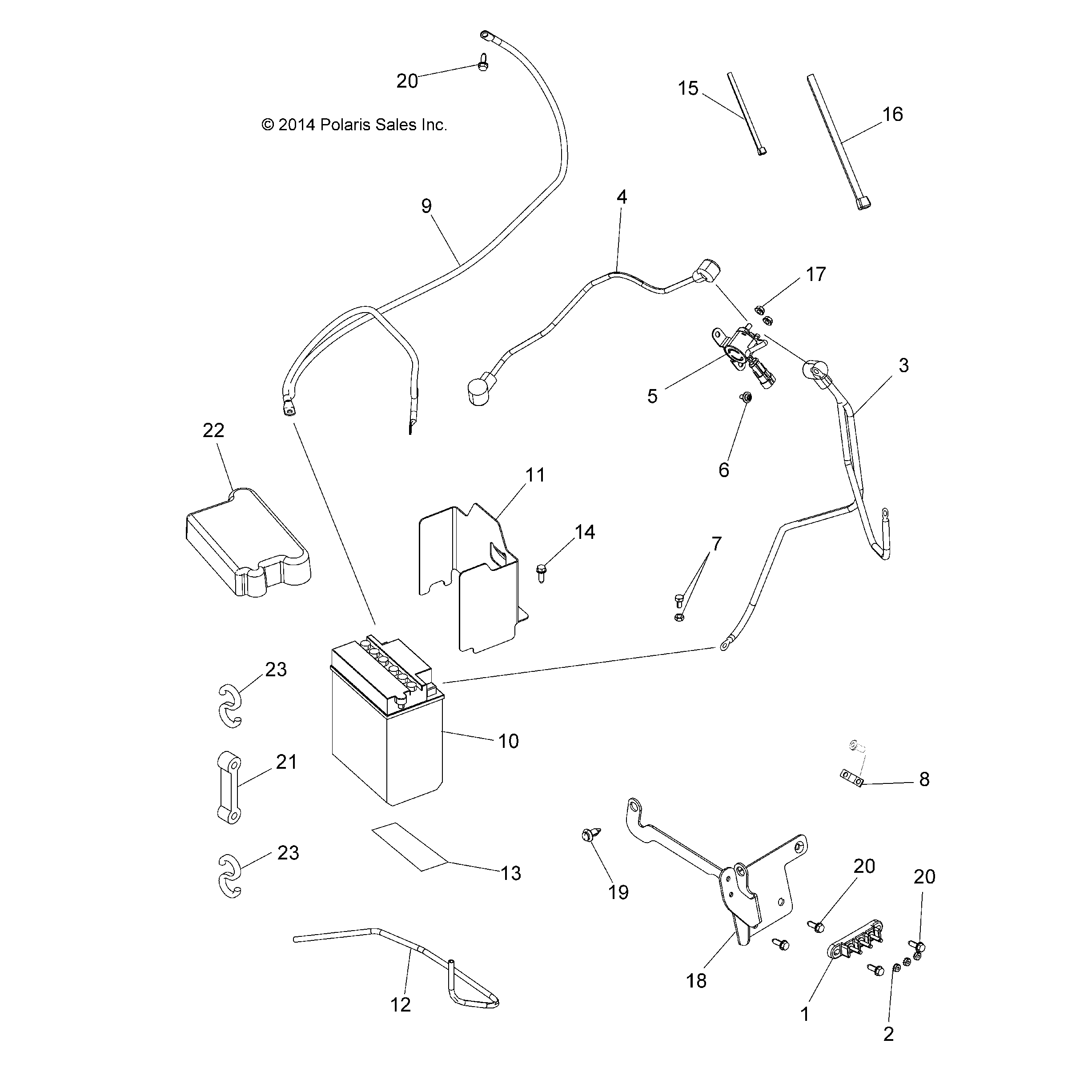An Image of a Genuine Polaris Parts Schematic Diagram showing the schematic - ELECTRICAL: BATTERY - 2016 POLARIS SPORTSMAN 570 EFI UTE HD