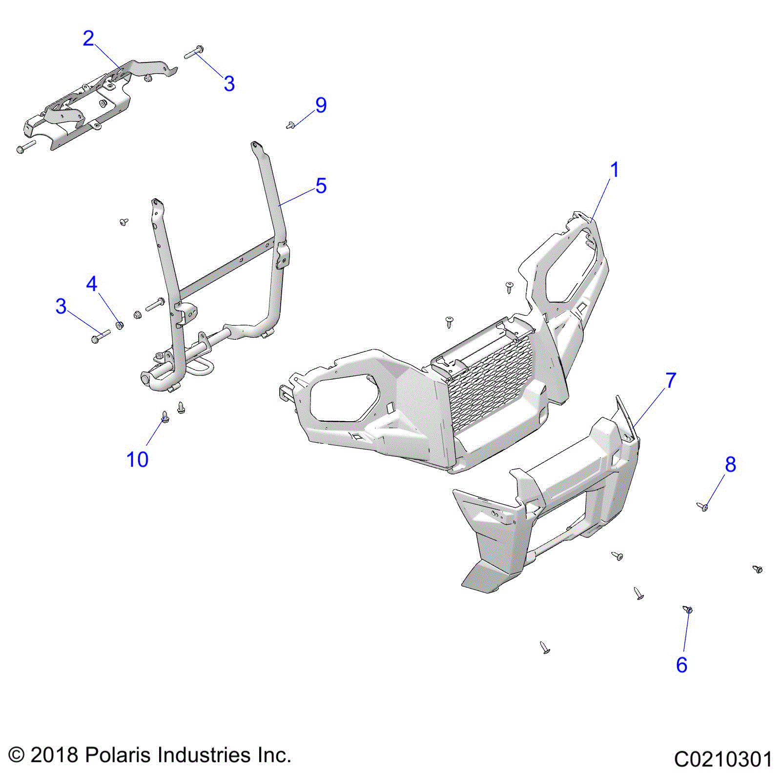 An Image of a Genuine Polaris Parts Schematic Diagram showing the schematic - BODY: FRONT BUMPER and MOUNTING - 2020 POLARIS SPORTSMAN 570 HUNTER EDITION
