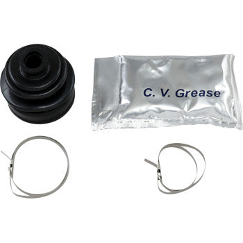 The All Balls CV Boot Kit Front Inner Outer Rear Outer includes a black rubber boot, silver C.V. grease packet, and two metal clamps with abrasion resistance and high tensile strength, all arranged on a white background.