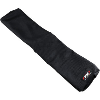 The Honda TRX Grip Seat Cover by Factory Effex is a black, rectangular, rubberized cover with a textured surface, small FX logo, and triple-stitched construction for durability and easy installation, perfect for protection and cushioning.