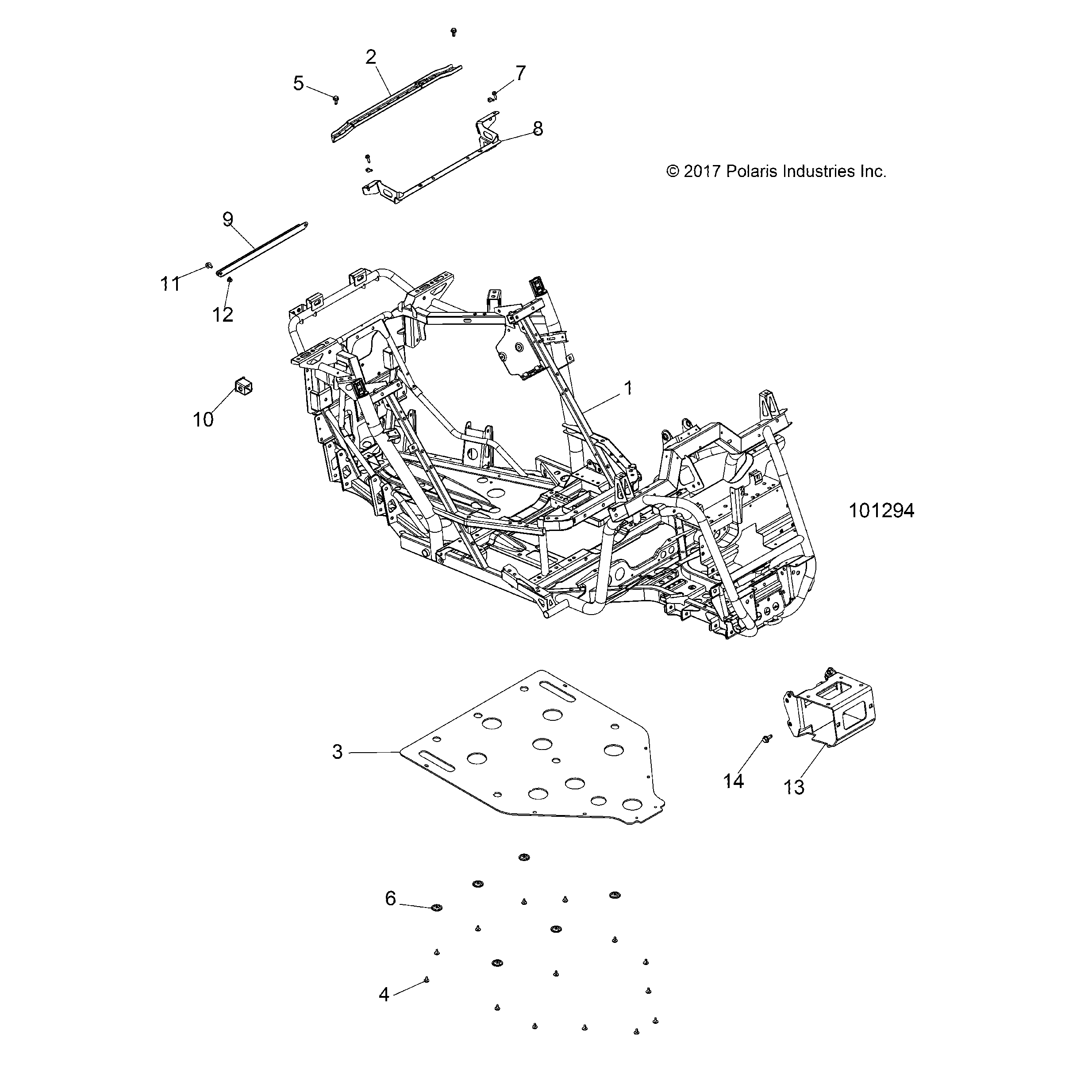 An Image of a Genuine Polaris Parts Schematic Diagram showing the schematic - CHASSIS: MAIN FRAME AND SKID PLATE - 2019 POLARIS ACE 900 EPS XC