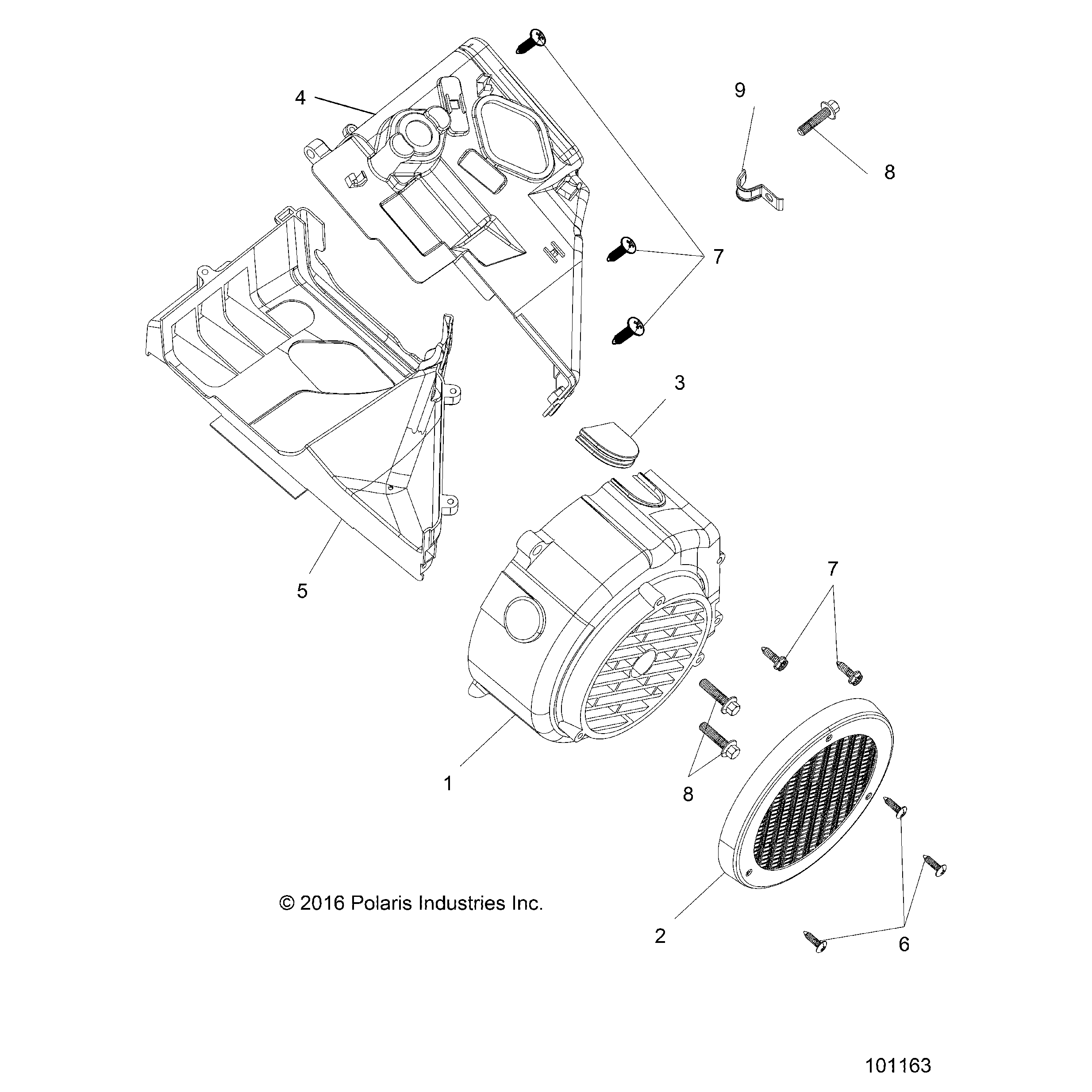 An Image of a Genuine Polaris Parts Schematic Diagram showing the schematic - ENGINE: FAN COVER AND SHROUD COMP - 2019 POLARIS ACE 150 EFI INDY
