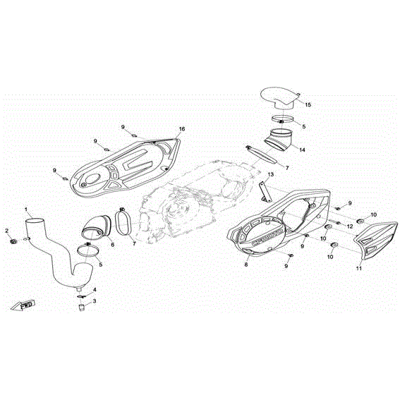 An Image of a genuine CFMOTO Parts Schematic Diagram showing the group - CVT AIR PIPE&SIDE COVER - 2016 CFMOTO CFORCE 800 X8