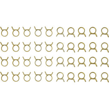 Rows of identical Helix Hose Clamps, Self Tensioning Double Wire 7/16", gold-colored with two tabs, are evenly spaced against a white background. 50 Pack.