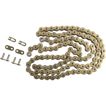 The Pro MX 420 RXP Chain Gold 110 Links by Moose Offroad, a coiled gold high-tensile non-o-ring chain, is shown on a white background with connecting links and pins displayed beside it.