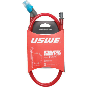 The Hydraflex Drink Tube Kit Standard by USWE is a red, BPA-free hose with a blue high-flow bite valve, packaged for hydration packs.