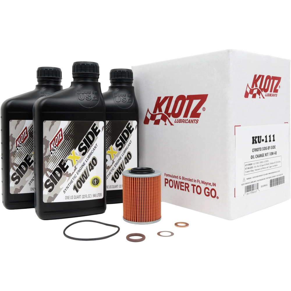 Three black 1-quart bottles of 10w-40 synthetic blend oil, orange cylindrical oil filter, sealing O-ring and copper washers,