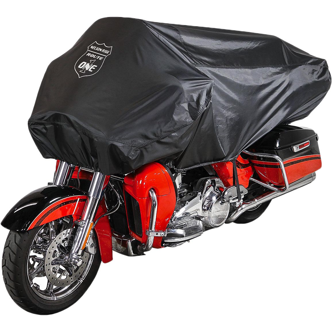 A red and chrome motorcycle is partially protected by the Route 1 Extreme Motorcycle Half Cover by Nelson Rigg, featuring the Route One logo on its front top section.