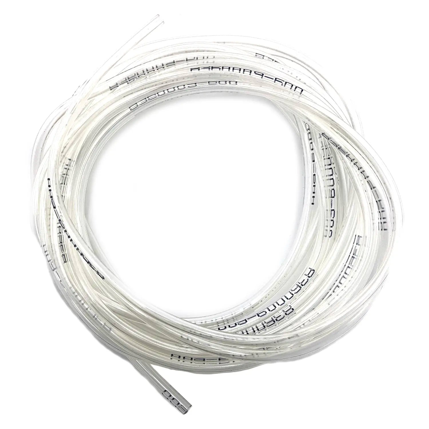 A coiled length of Hose-Poly Clear 3/16 Od 1/8 Id by Polaris, clear and flexible with black text, arranged in a loose circle on a white background—ideal for OEM Polaris or Indian motorcycle parts use.