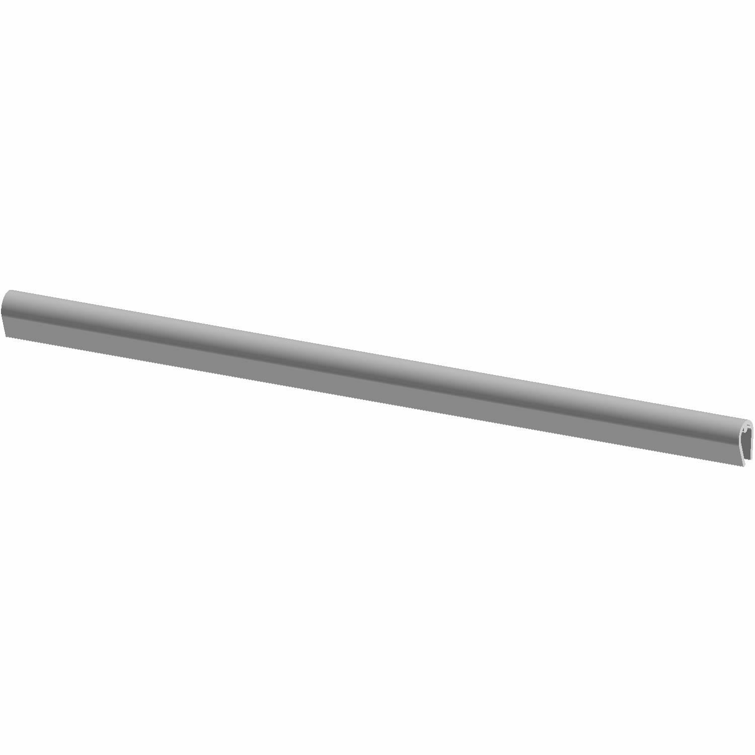 Gray cylindrical PVC trim edge strip, 90 mm length, smooth surface, adhesive backing visible at one end.