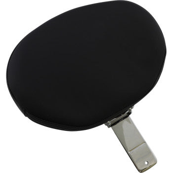Black oval motorcycle backrest cushion with smooth vinyl cover and chrome mounting bracket.