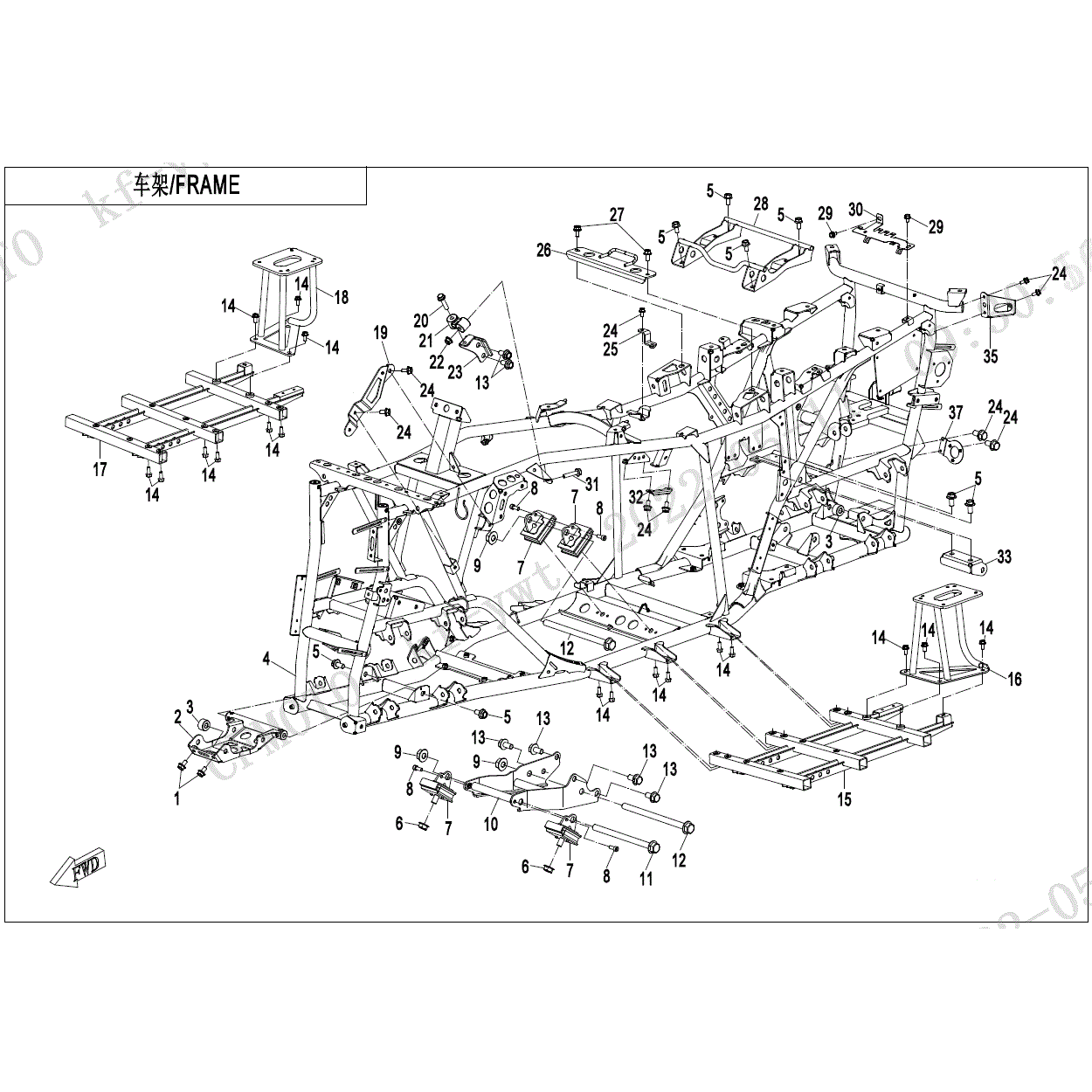 An Image of a genuine CFMOTO Parts Schematic Diagram showing the group - FRAME - 2023 CFMOTO CFORCE 600 TOURING