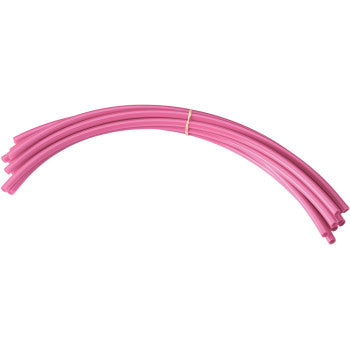 Nine pink polyurethane 3/16" inner diameter vent hoses from the Vent Hose Refills Pink 9 Pack by Moose Offroad are bundled together with a rubber band, creating a gentle, kink-resistant arc.