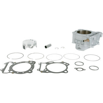 The Kawasaki - Suzuki - Arctic Cat Cylinder Kit Big Bore 94.00 mm by Cylinder Works is displayed on a white surface, including a nickel silicon carbide sleeve cylinder, Vertex pistons, rings, gaskets, pin, and small metal clips.