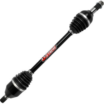 The Can Am Defender Axle X-Treme Heavy Duty Rear Left & Right by Demon features a black chromoly steel shaft with accordion-style rubber boots on both ends and a red X-Treme logo at the center, shown isolated on a white background.