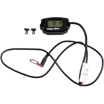 The Trail Tech Universal Temperature Meter Surface Mount Black 10 mm features a waterproof LCD displaying 72°F, a long black sensor cable with a white connector, and includes two small mounting clips above.