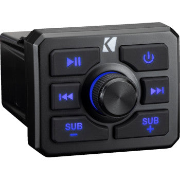 The Audio Interface Bluetooth™ by Kicker is a black control panel with blue LED-backlit buttons for play, pause, power, skip, subwoofer adjustment, a central rotary knob, and BT streaming for wireless audio.