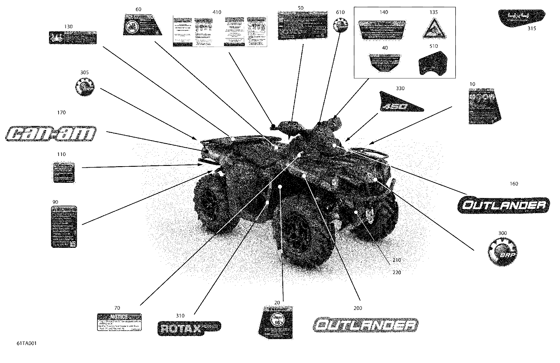 An Image of a Genuine Can-Am Parts Schematic Diagram showing the schematic - BODY - DECALS - DPS