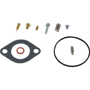 The Kawasaki Carburetor Repair Kit by Shindy includes gaskets, O-rings, jet needle sets, float valves, screws, springs, and brass fittings—all neatly displayed on a white background.