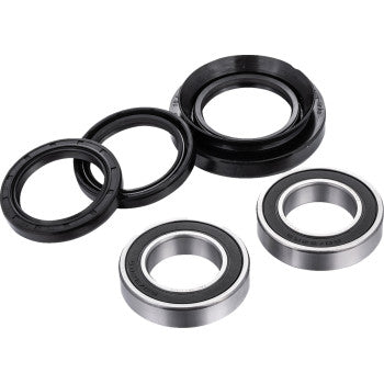 The Honda TRX Axle Bearing Kit Rear by Factory Links includes three black rubber oil seals and two silver metal ball bearings, arranged on a white background.