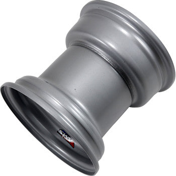 The Ams Steel Wheel Rear Chrome 9x9 4/130 4 150 3+6 features a smooth, cylindrical chrome finish with a black valve stem and manufacturer sticker—ideal as a durable replacement steel wheel for your vehicle.