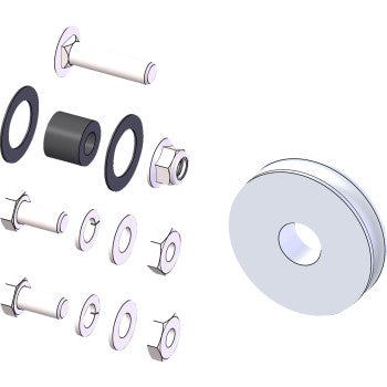 Silver metal manual lift pulley with central hole and accompanying bolts, washers, and spacers.