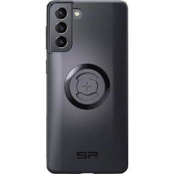The SPC+ Phone Case Samsung Galaxy S21+ by Sp Connect is a glossy black case featuring three vertical rear camera cutouts, a circular pop-out grip, SP branding near the bottom, and MagSafe compatibility for easy magnetic accessory attachment.