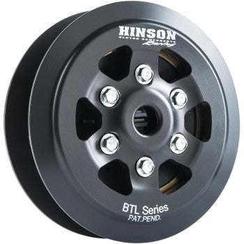 The BTL Clutch Inner Hub by Hinson Racing is a black hub with six silver bolts and a white Hinson logo on the rim, engineered to enhance clutch performance in high-performance motorcycle clutches.