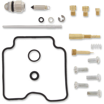 The Suzuki Carburetor Repair Kit by Moose Offroad features fuel-resistant NBR O-rings, gaskets, brass jets, screws, springs, a needle valve, and other small metal parts arranged neatly on a white background.