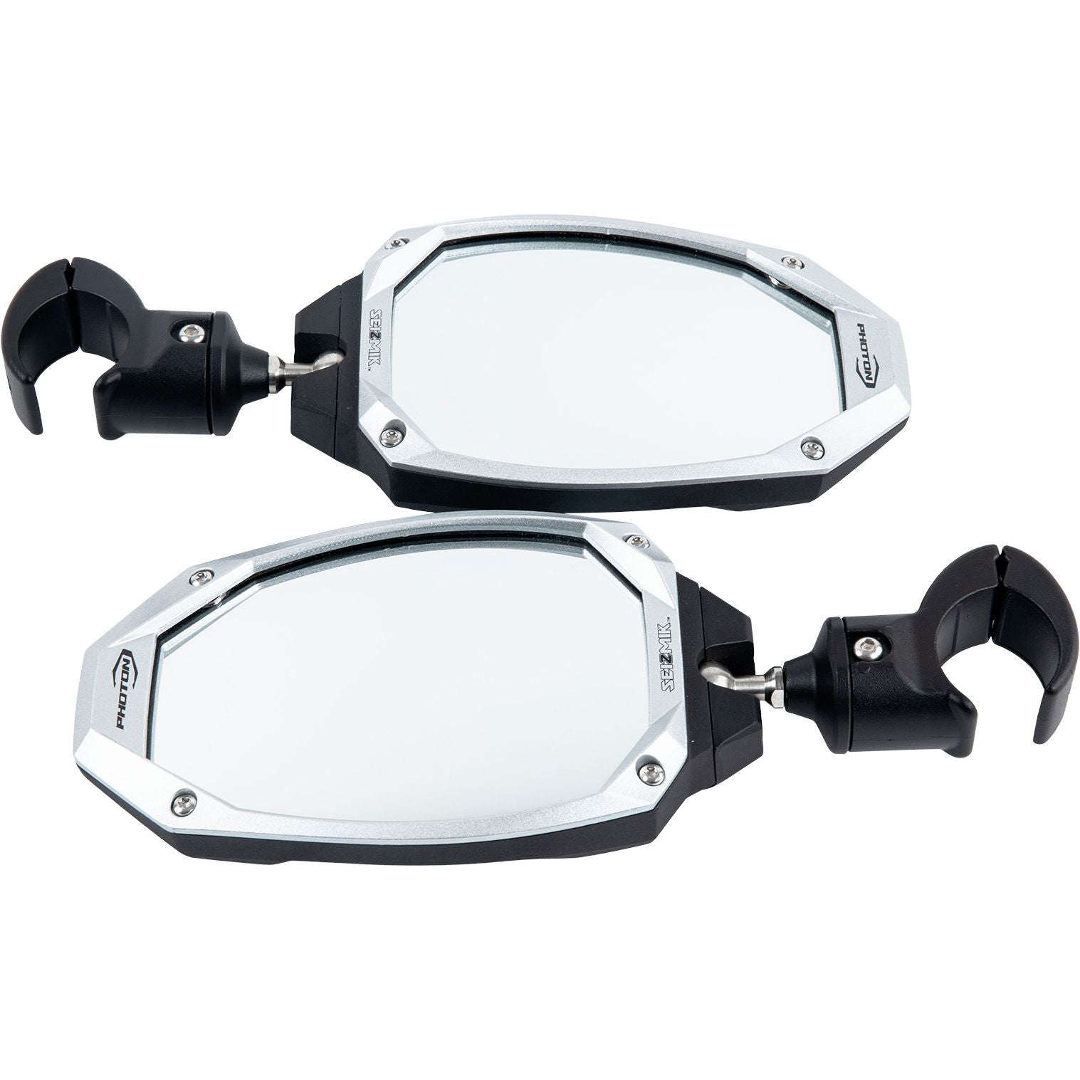 The Seizmik Embark Side Mirror fits Can-Am, Polaris, Honda, John Deere, and Kawasaki vehicles. It features adjustable stems, clamp mounts, convex shatter-resistant safety glass, and an impact-resistant housing for handlebar attachment.