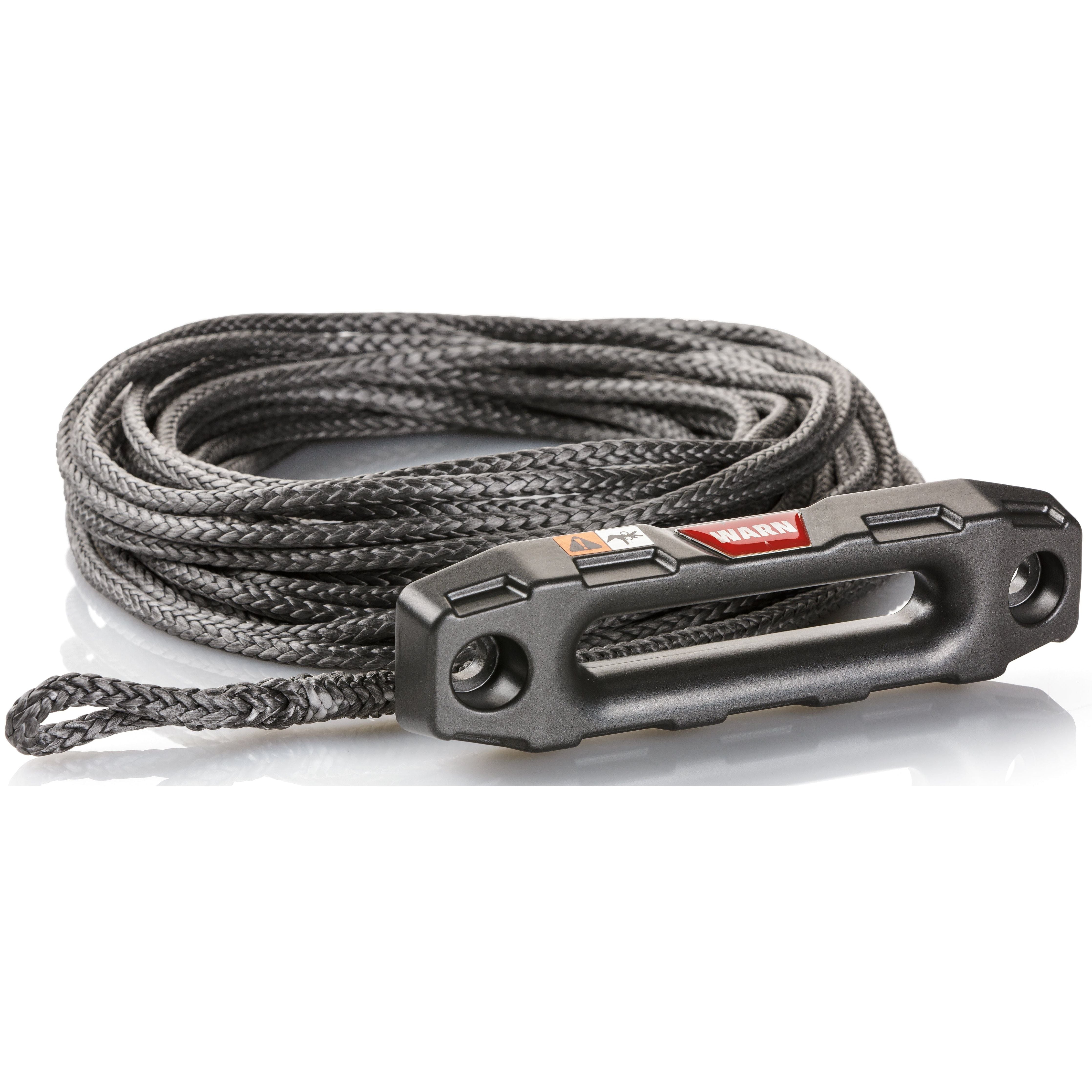 The Winch Replacement Synthetic Rope Upgrade Kit VRX25/35/Axon35 by Warn features a coiled synthetic rope with a black hookless loop, rock guard sleeve, and WARN-brand fairlead on a reflective white surface.