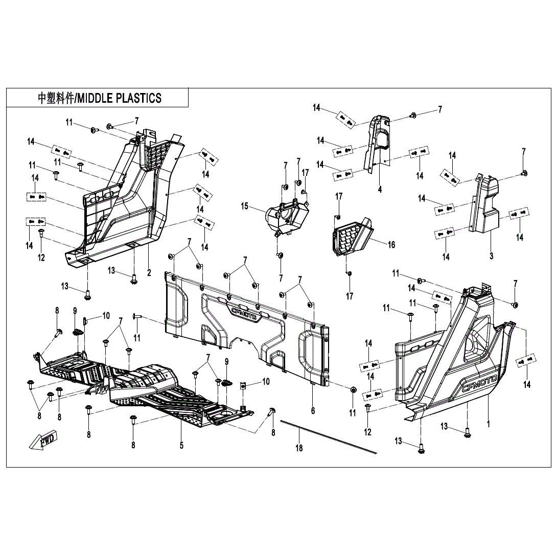 An Image of a Genuine CFMOTO Parts Schematic Diagram showing the schematic - MIDDLE PLASTICS - 2025 CFMOTO UFORCE U10 PRO HIGHLAND