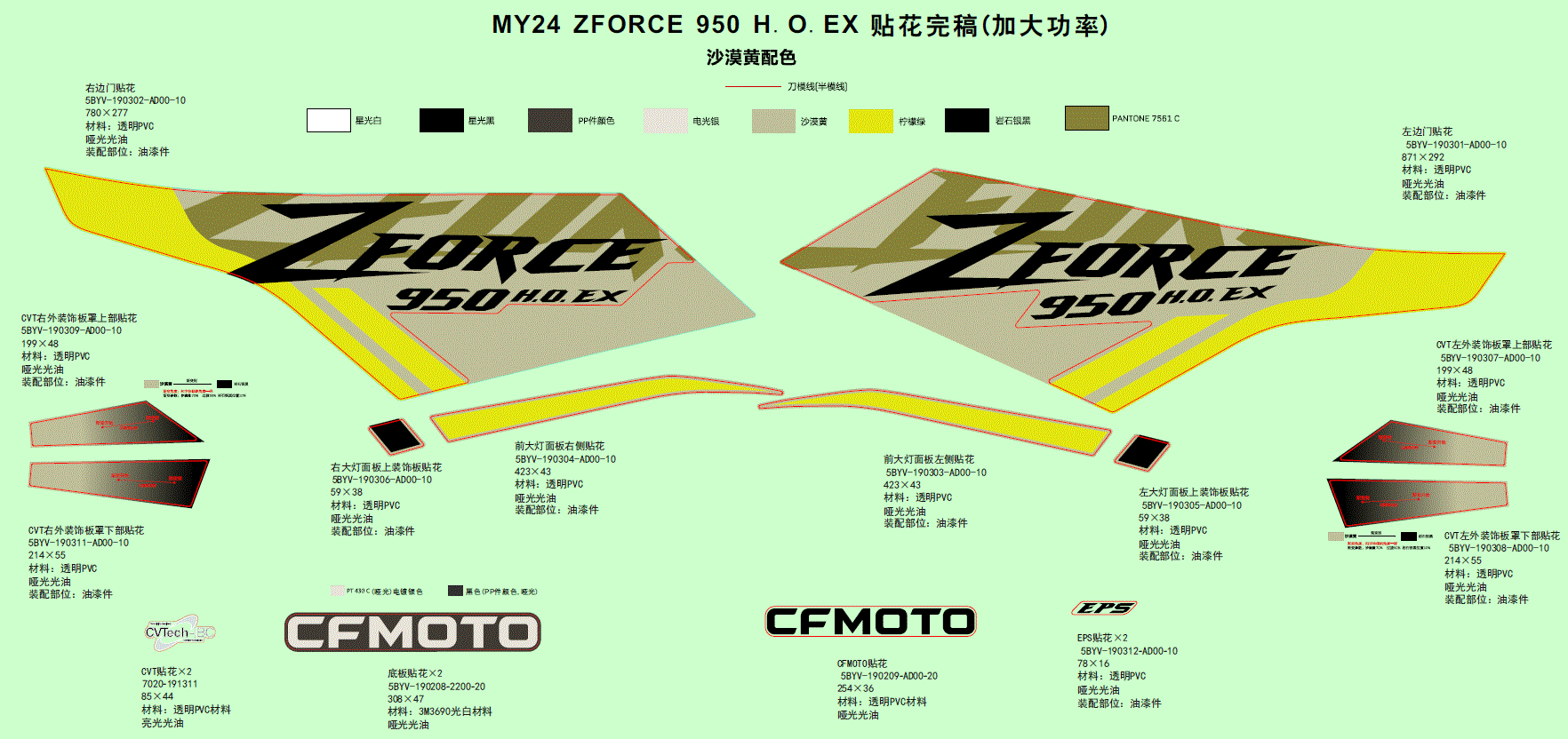 The Upper Decal Cvt LH Outer Deco Guard by CF Moto is a digital design template for MY24 ZFORCE 950 H.O. EX, featuring labeled green, yellow, and brown stickers with ZFORCE 950 H.O. EX and CFMOTO logos—ideal OEM replacement part.