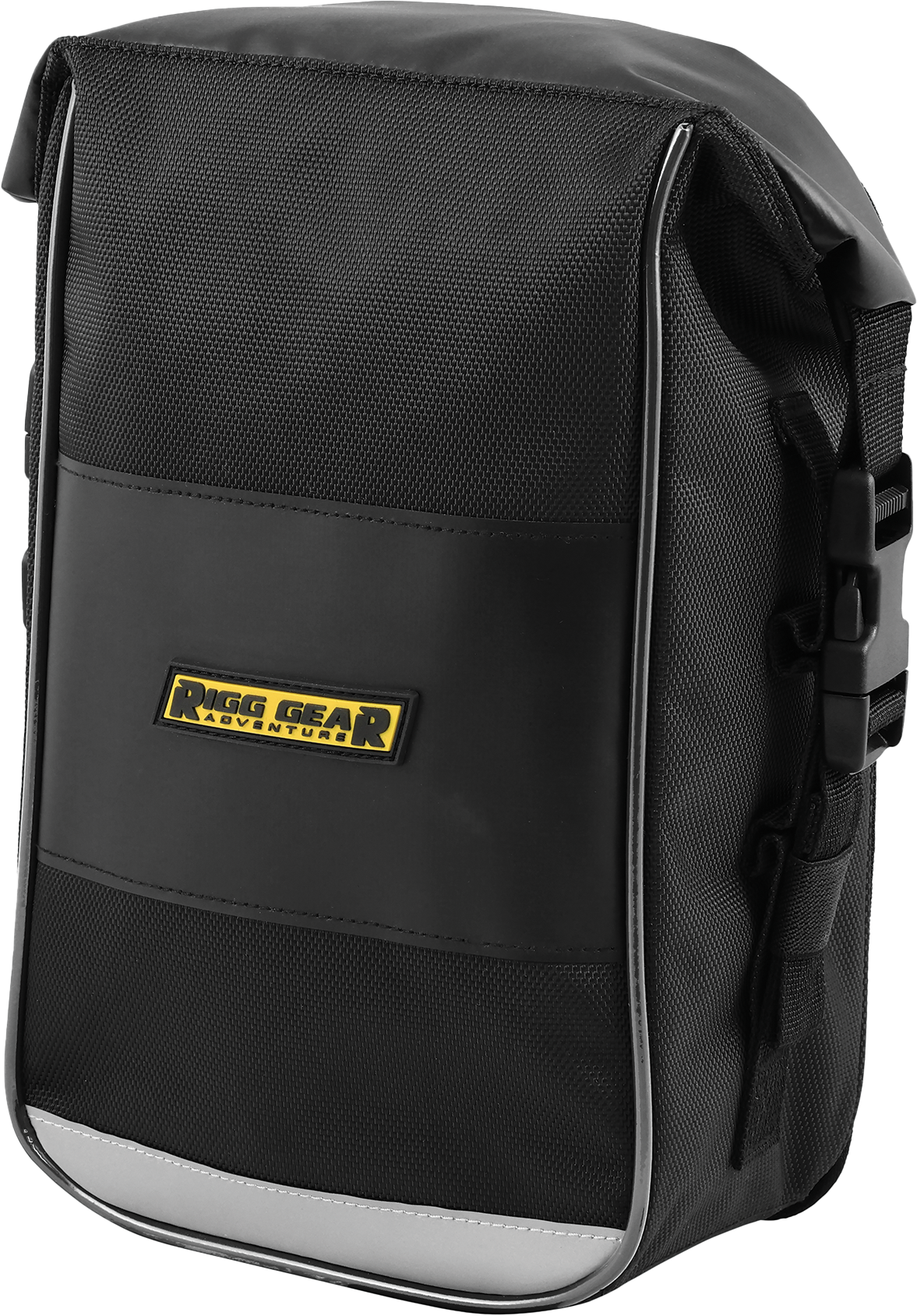 The Trails End Crashbar/Tail Bag 7L Black by Nelson Rigg features a black and gray design, yellow and black logo patch on the front, roll-top closure, and side buckles for secure fastening.