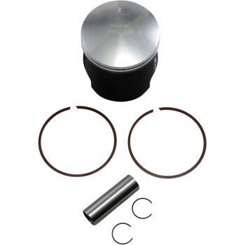 Silver top metallic piston with black skirt, two brown piston rings, silver wrist pin, and two small circlips arranged on.