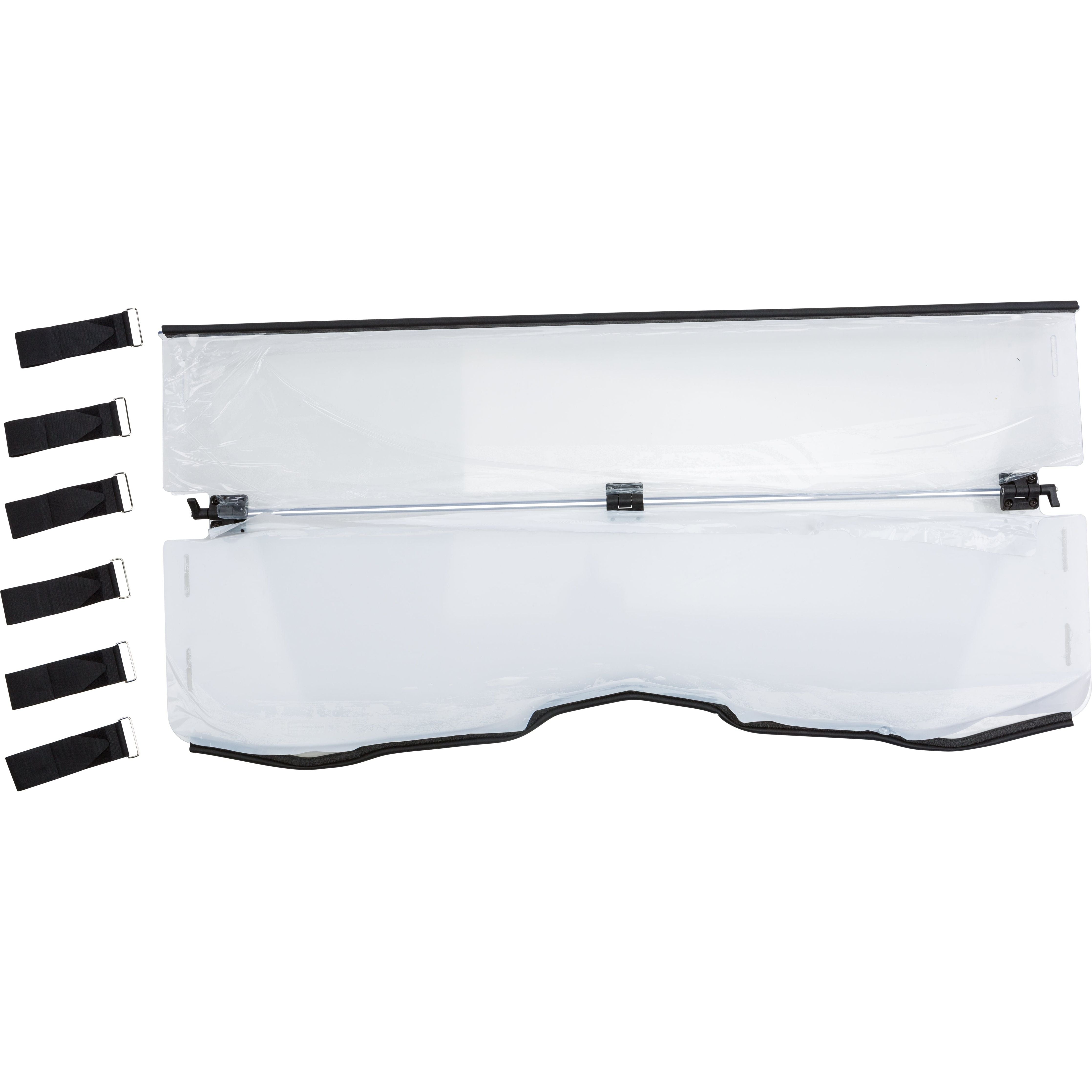The Folding Windshield by Open Trail features clear polycarbonate with black trim, a center hinge for easy folding, and five black mounting straps on the left side for tool-free installation.