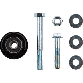 The T.M. Designworks Polaris-Honda-Yamaha Chain Roller Black kit includes a black chain roller with sealed bearings, two silver bolts of different lengths, a hex nut, and three metal washers displayed on a white background.