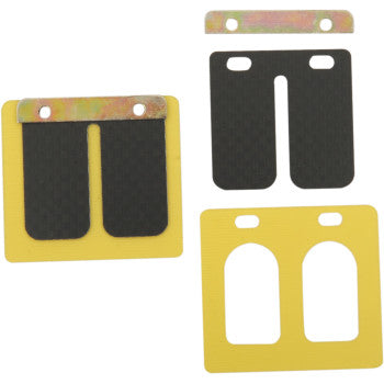 Three Yamaha Pro Series Reed Sets by Boyesen, yellow and black with metal cutouts and a dual-stage reed design for better throttle response, are arranged on a white background.