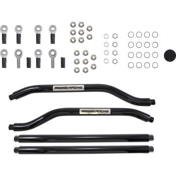 A set of black Radius Rod Complete by Moose Offroad, including rods, nuts, heim joints, rod ends, washers, and spacers displayed on a white background.