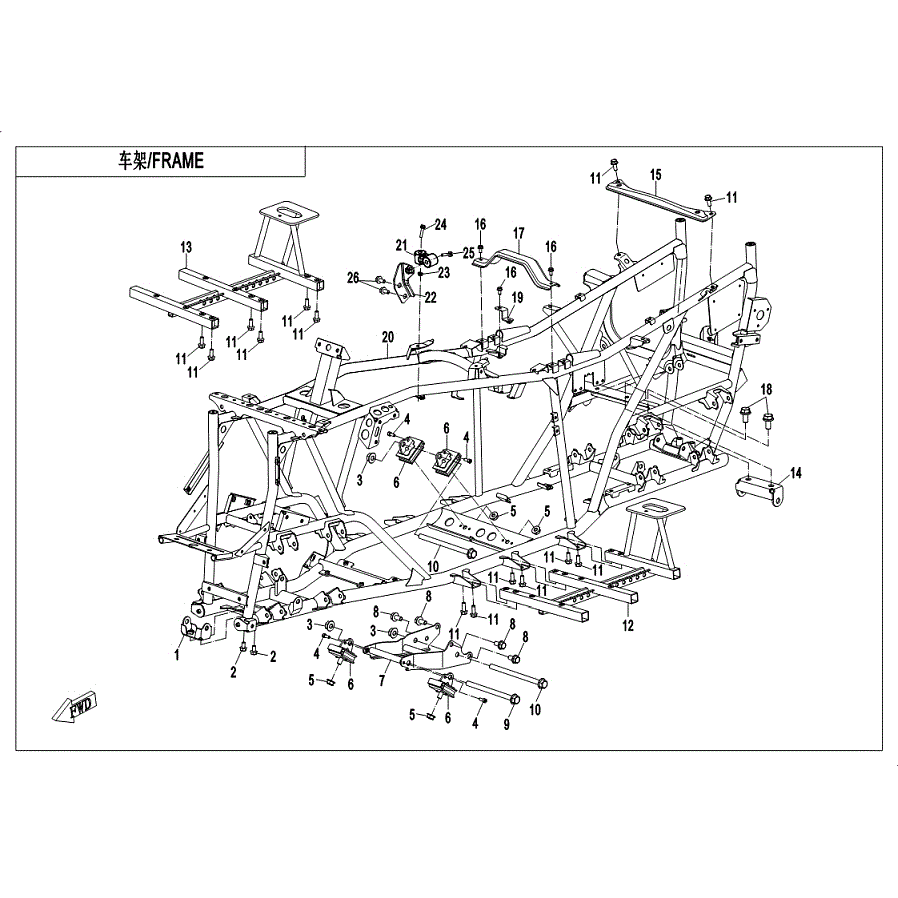 An Image of a genuine CFMOTO Parts Schematic Diagram showing the group - FRAME - 2019 CFMOTO CFORCE 600
