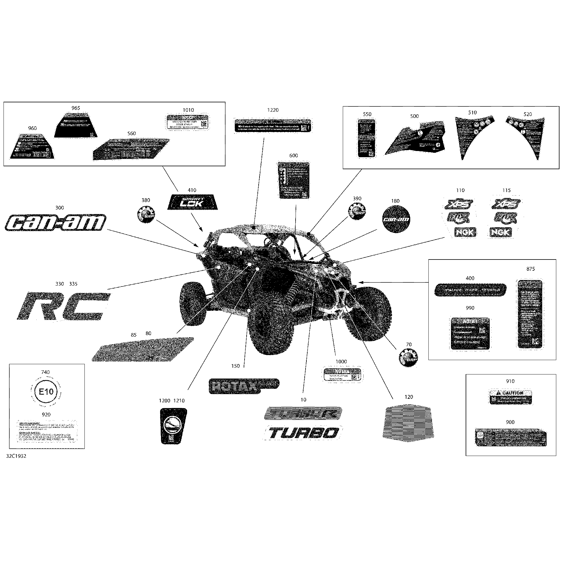 An Image of a Genuine Can-Am Parts Schematic Diagram showing the schematic - DECALS - TURBO - PACKAGE X RC - NORTH AMERICA