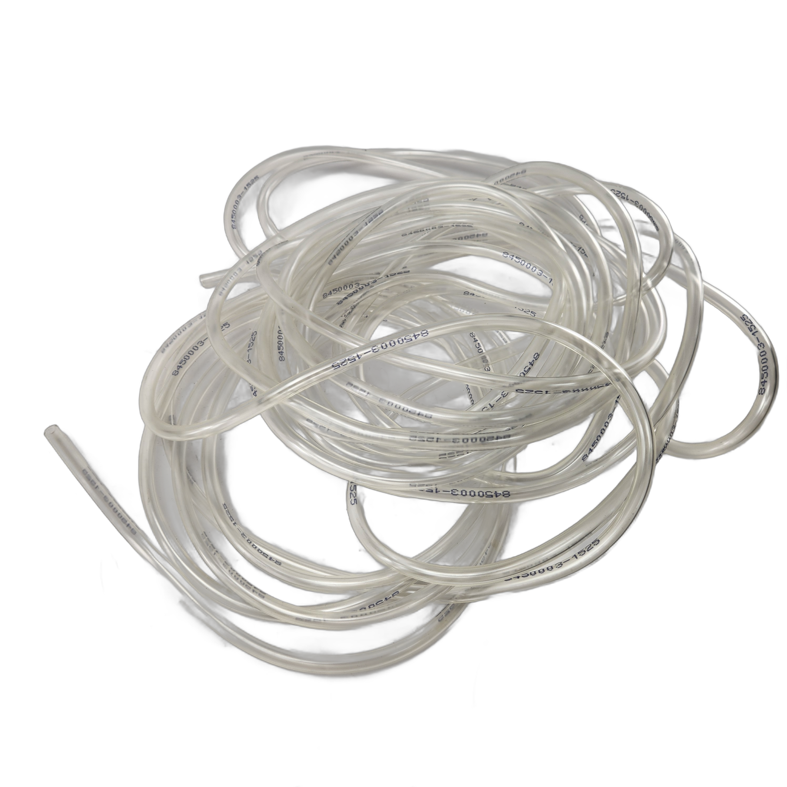 A coiled, transparent plastic Line, Fuel [Bulk Svc] by Polaris lies on a white background, featuring black printed text—ideal as an OEM Victory Polaris or other Victory motorcycle fuel line replacement.