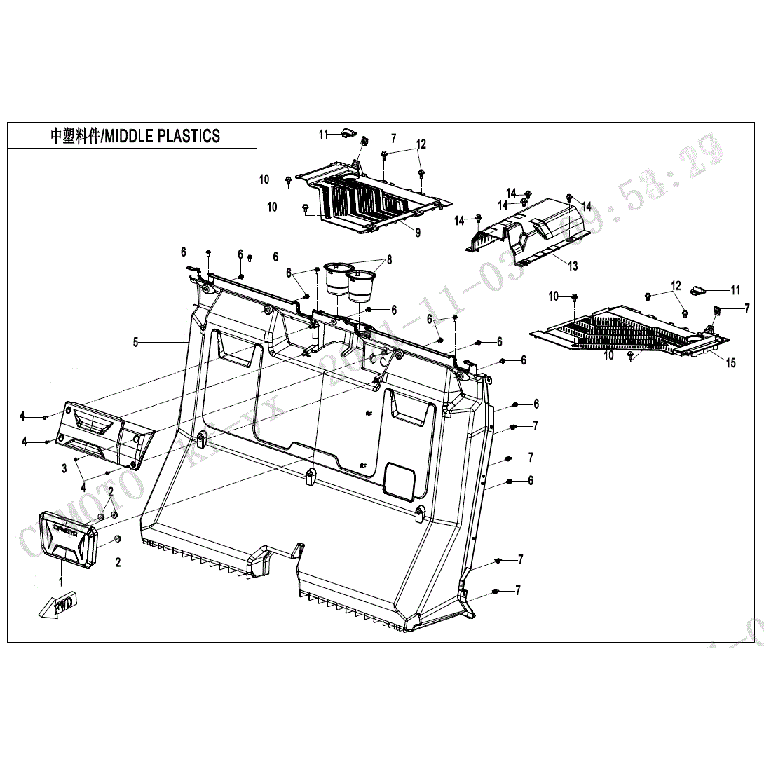 An Image of a Genuine CFMOTO Parts Schematic Diagram showing the schematic - MIDDLE PLASTICS - 2024 CFMOTO UFORCE 1000 XL