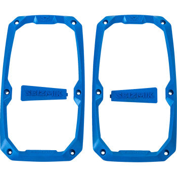 Two blue, rectangular plastic frames and matching separate blue pieces with embossed text—Trim Kit Embark Side View Blue by Seizmik—are displayed side by side, ideal for customizing Embark Side View Mirrors. All items are shown on a white background.