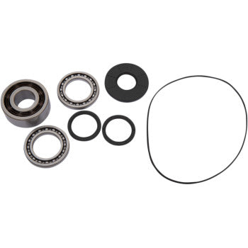 The Polaris Differential Bearing Seal Kit Front by Moose Offroad includes EMQ bearings, two black rubber seals, two washers, a large washer, and a thin black belt or O-ring—arranged on a white background.