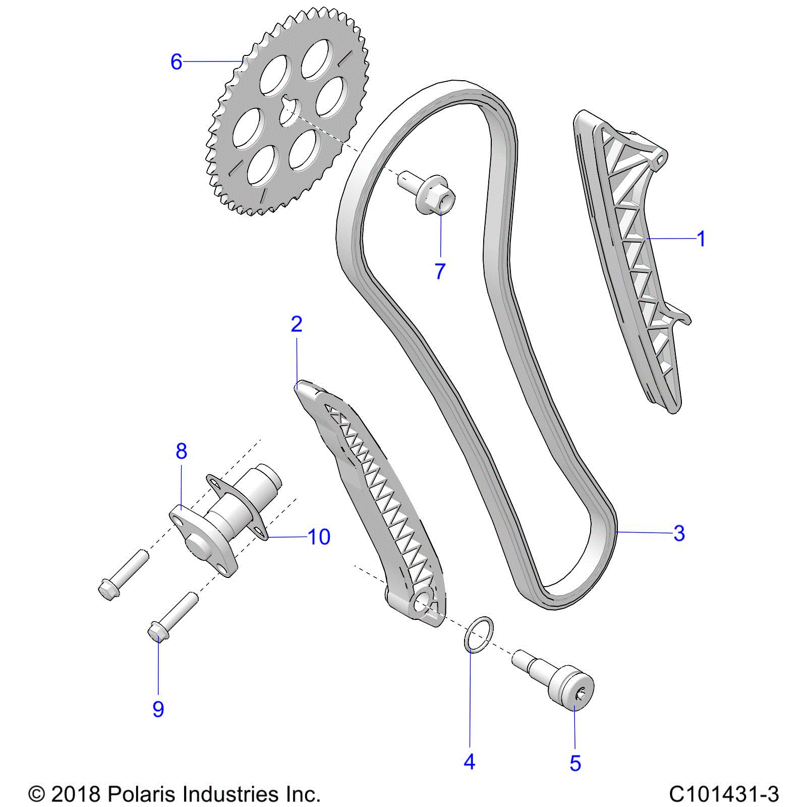 An Image of a Genuine Polaris Parts Schematic Diagram showing the schematic - ENGINE: CAM CHAIN AND TENSIONER - 2023 POLARIS SPORTSMAN XP 1000 HIGH LIFTER