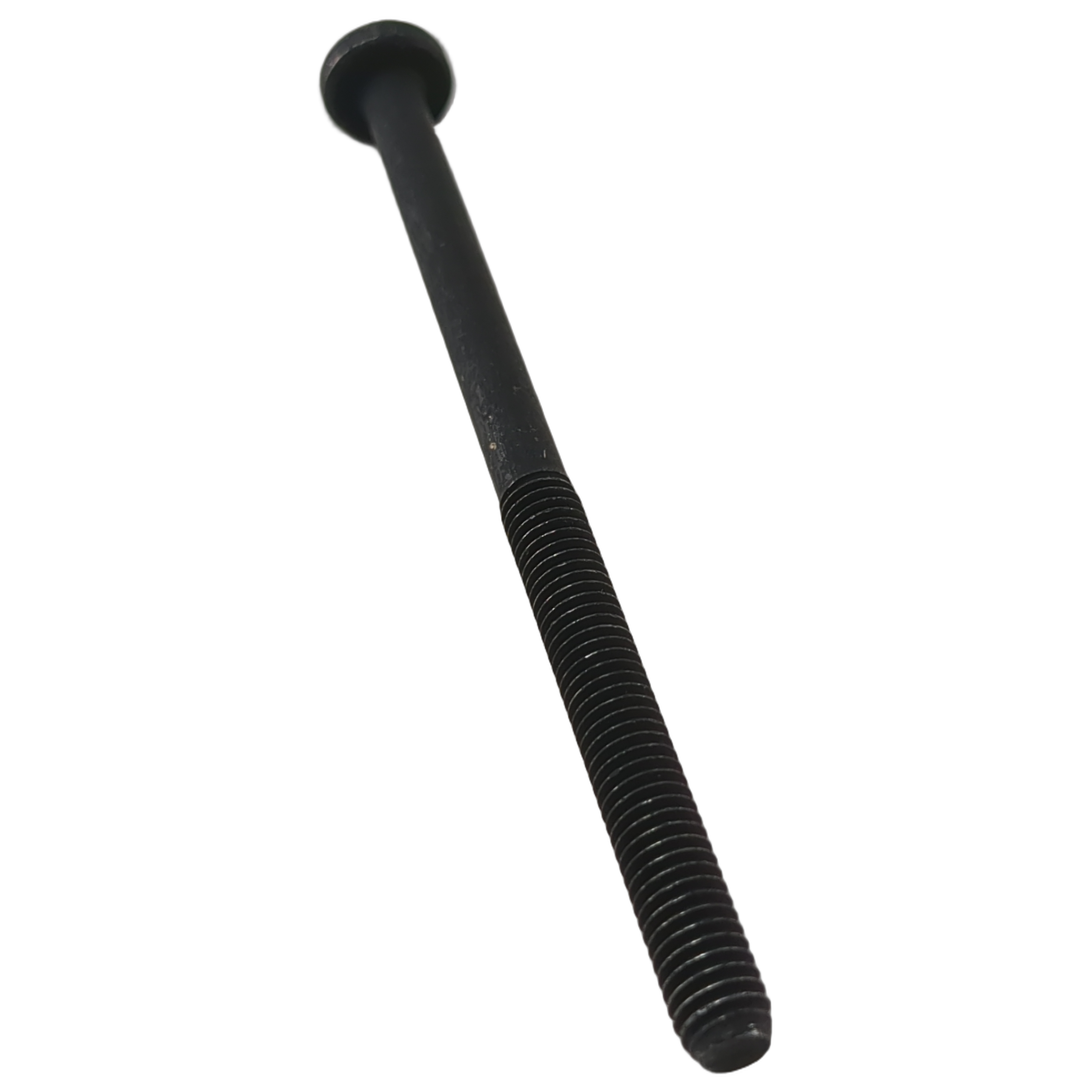 Black machine screw with flat head and threaded shaft.