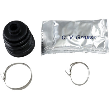 The CV Boot Kit Front Inner by All Balls includes an abrasion-resistant black rubber CV boot, a packet of C.V. grease, and two metal clamps—perfect for ATV or UTV CV joint maintenance. Products arranged on a white background.